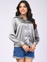 Silver Satin Rhinestone Detailing Shirt