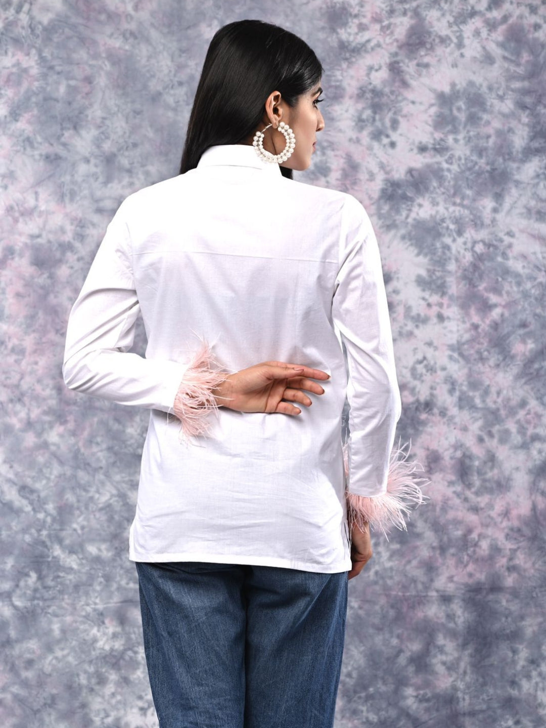 White Poplin Shirt with Feather Detailing