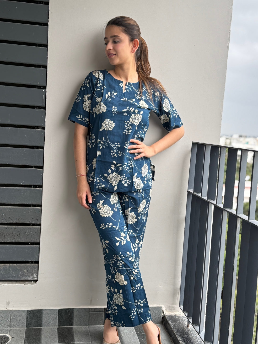 Navy Blue Pure Cotton Floral Printed Co-ord Set