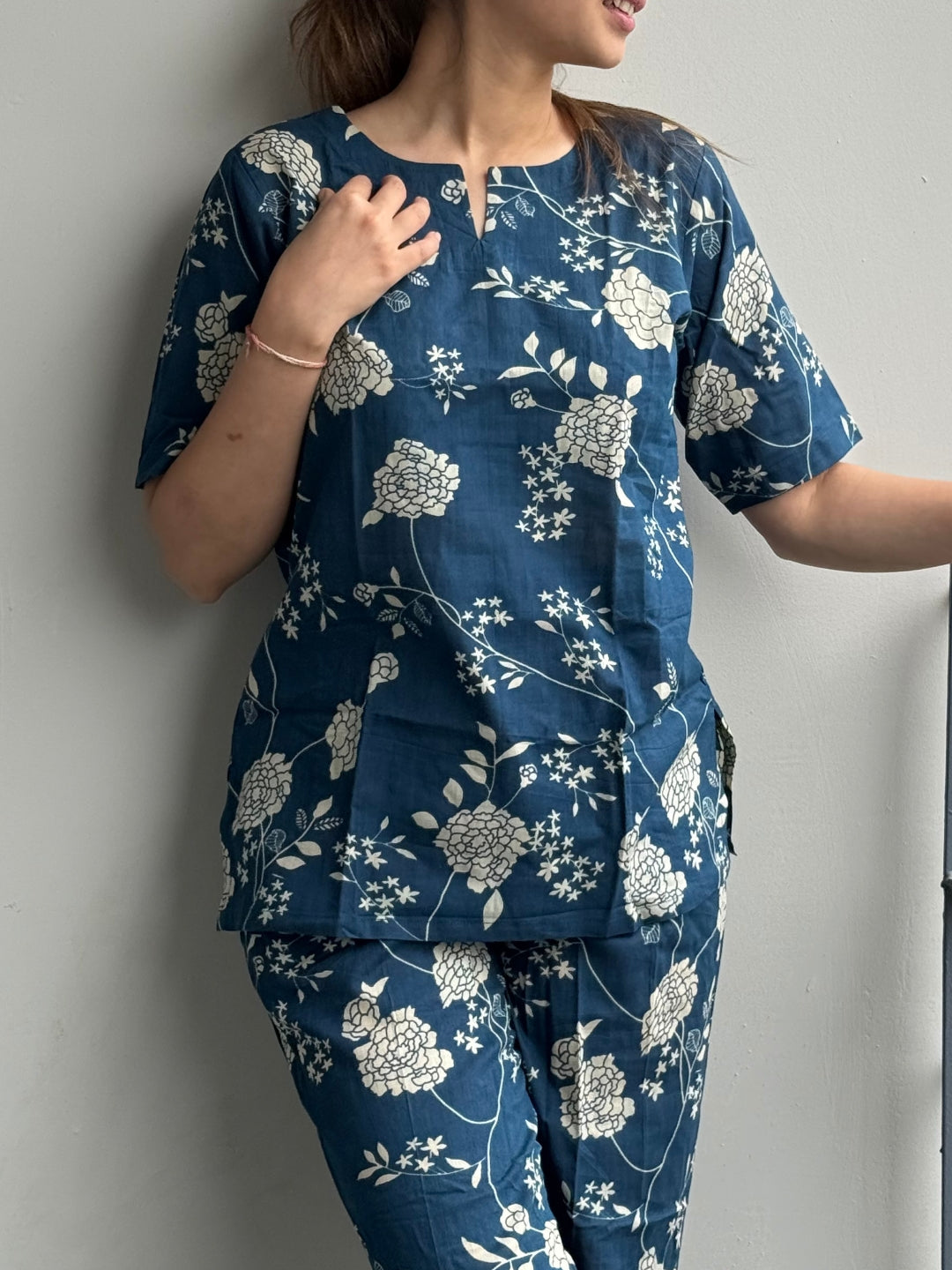 Navy Blue Pure Cotton Floral Printed Co-ord Set