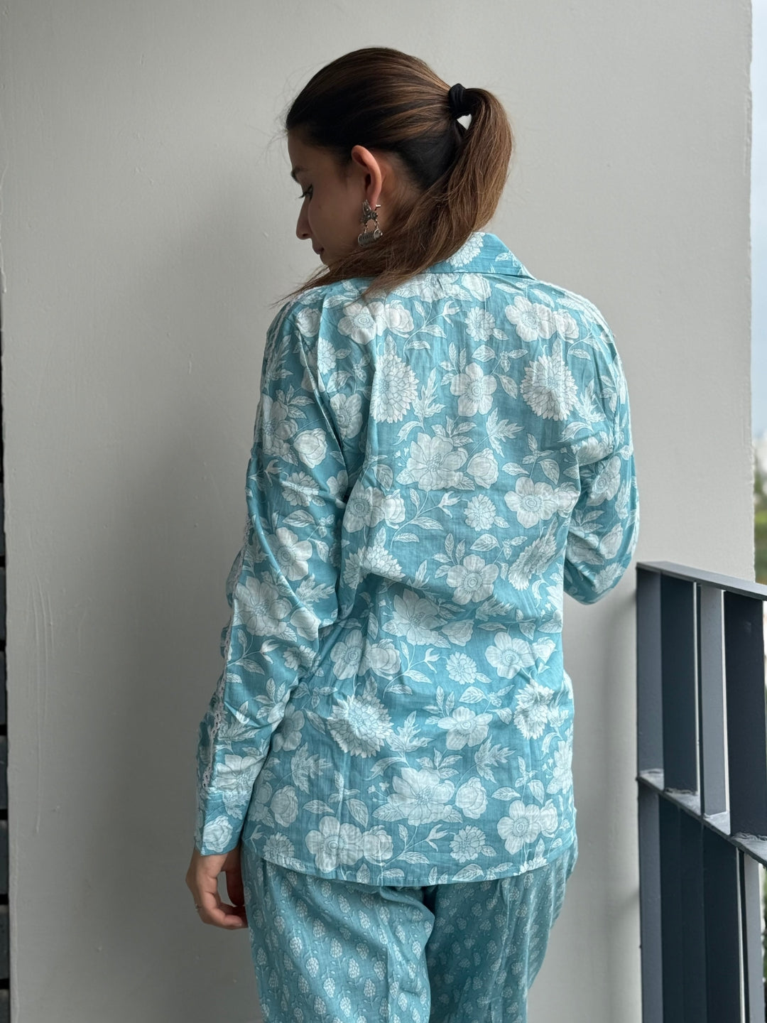 Blue Pure Cotton Flower Detailing Co-ord Set