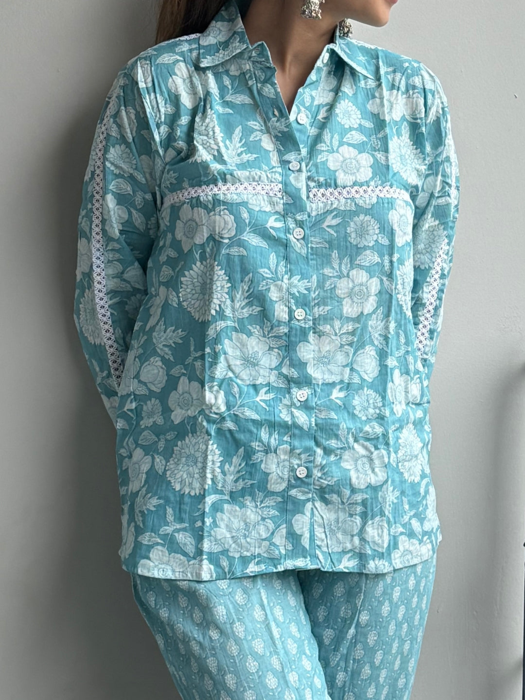 Blue Pure Cotton Flower Detailing Co-ord Set