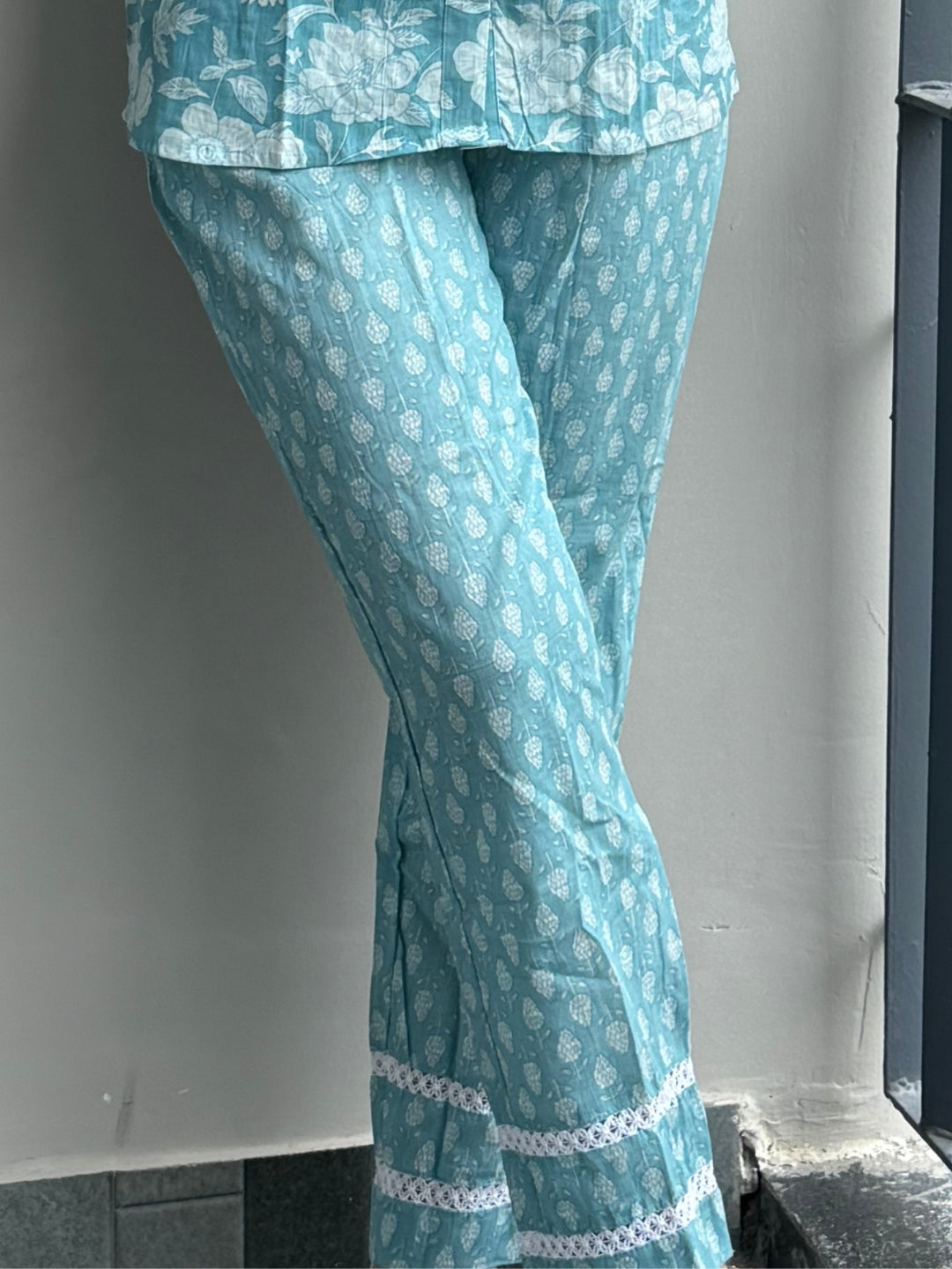 Blue Pure Cotton Flower Detailing Co-ord Set