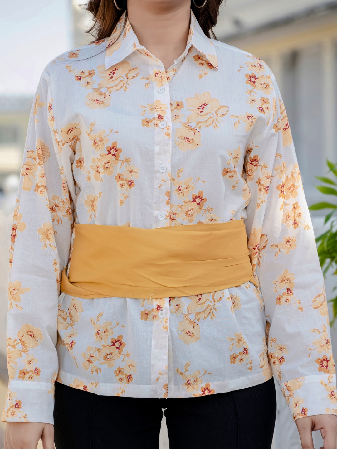 Mustard Cotton Floral Shirt With Bow