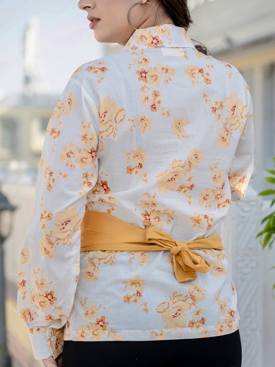 Mustard Cotton Floral Shirt With Bow