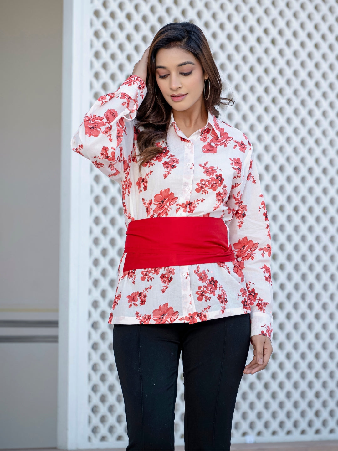 Red Cotton Floral Shirt With Bow