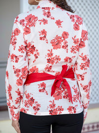 Red Cotton Floral Shirt With Bow