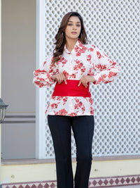 Red Cotton Floral Shirt With Bow