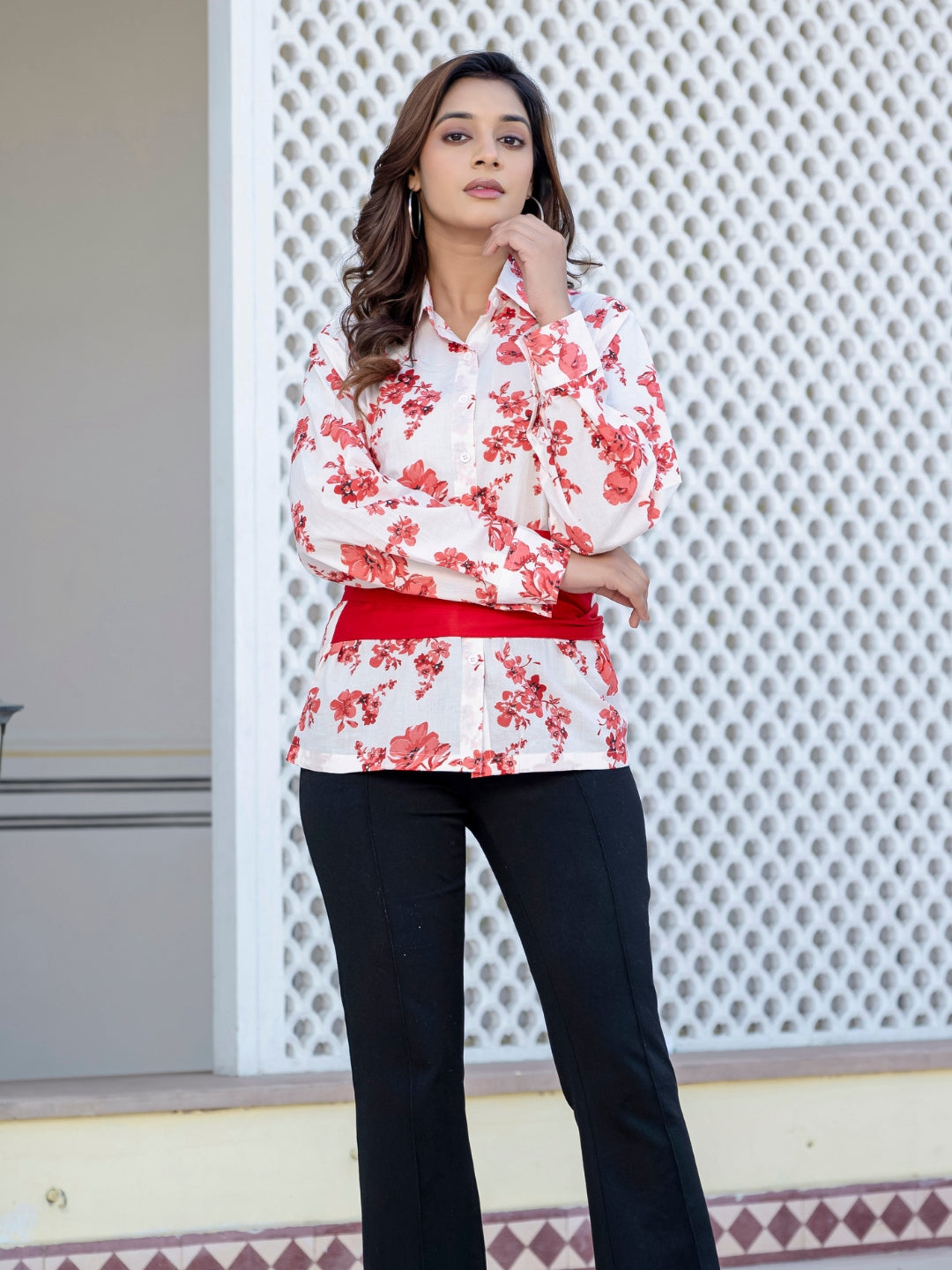 Red Cotton Floral Shirt With Bow