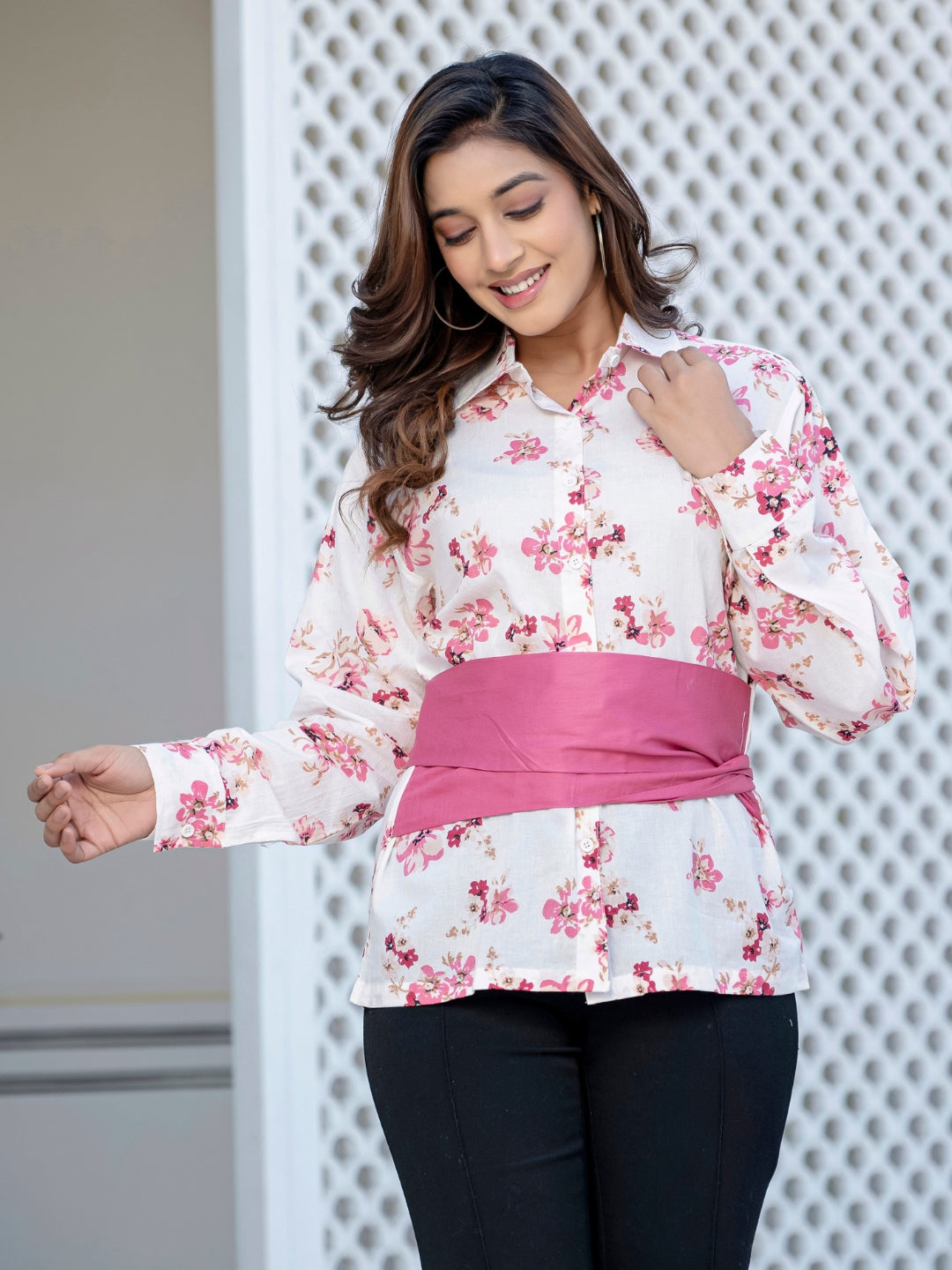 Mauve Pink Cotton Floral Shirt With Bow