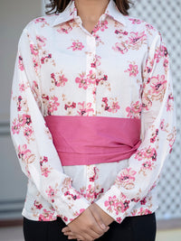 Mauve Pink Cotton Floral Shirt With Bow