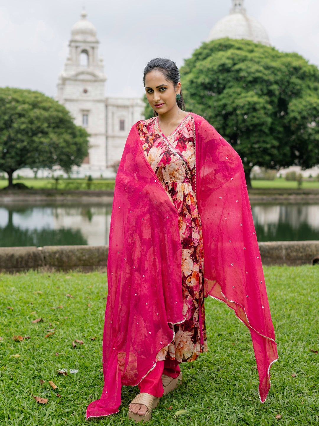 Red 3 Pc Chinnon & Shantoon Suit Set