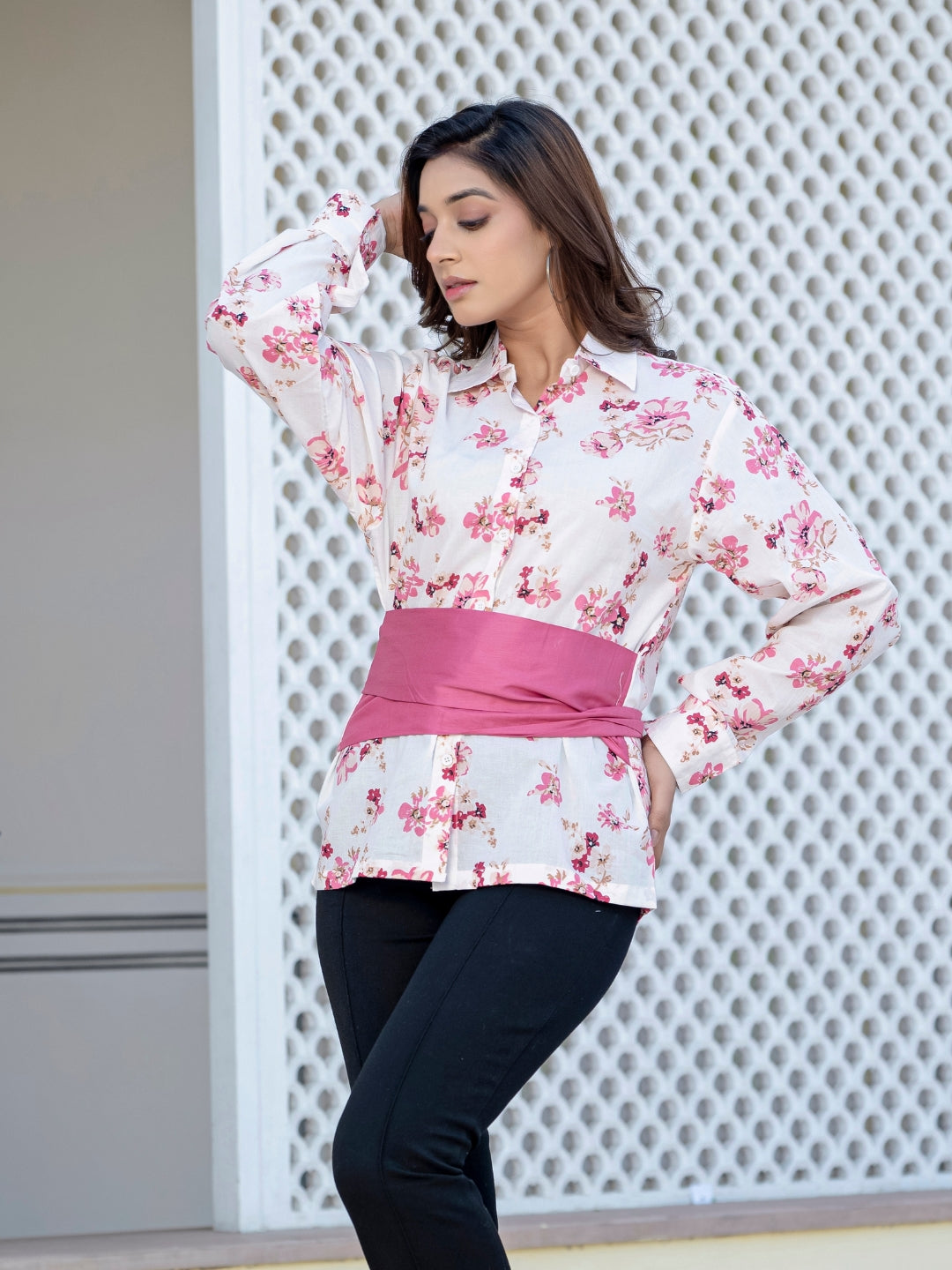 Mauve Pink Cotton Floral Shirt With Bow