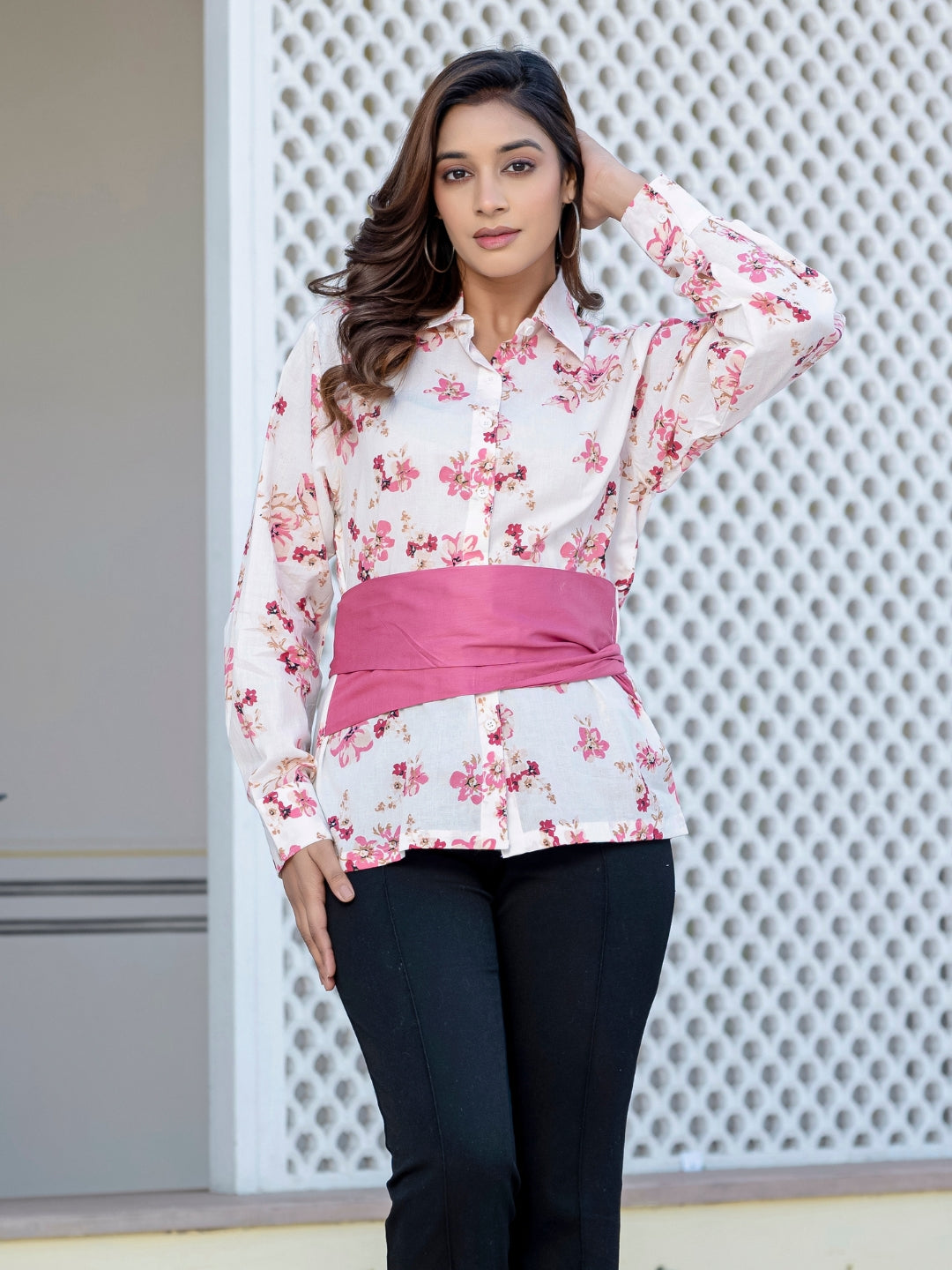 Mauve Pink Cotton Floral Shirt With Bow