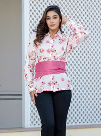 Mauve Pink Cotton Floral Shirt With Bow