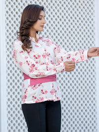 Mauve Pink Cotton Floral Shirt With Bow