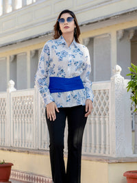 Blue Cotton Floral Shirt With Bow