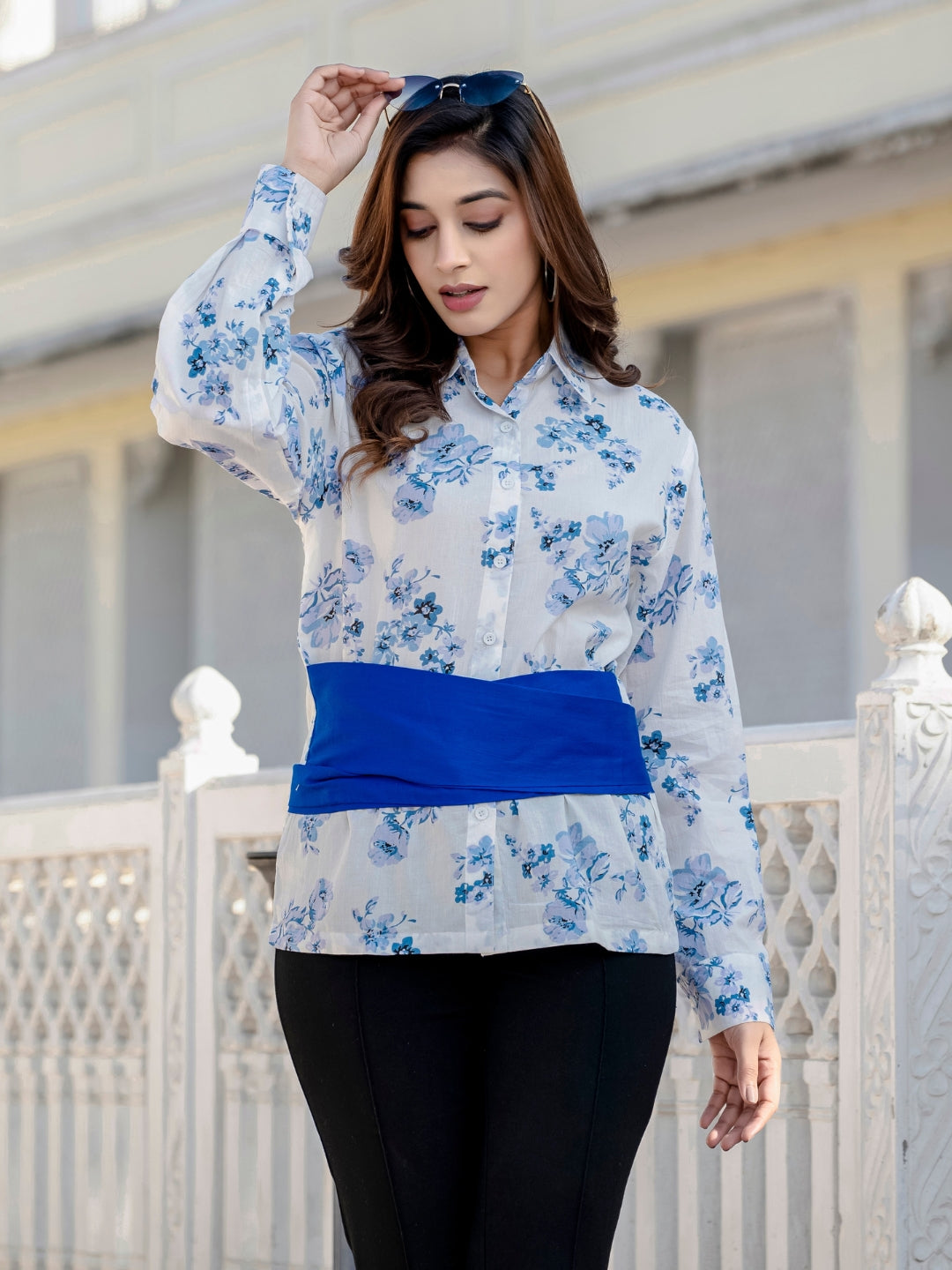 Blue Cotton Floral Shirt With Bow