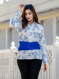 Blue Cotton Floral Shirt With Bow