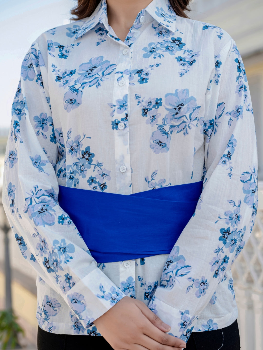 Blue Cotton Floral Shirt With Bow