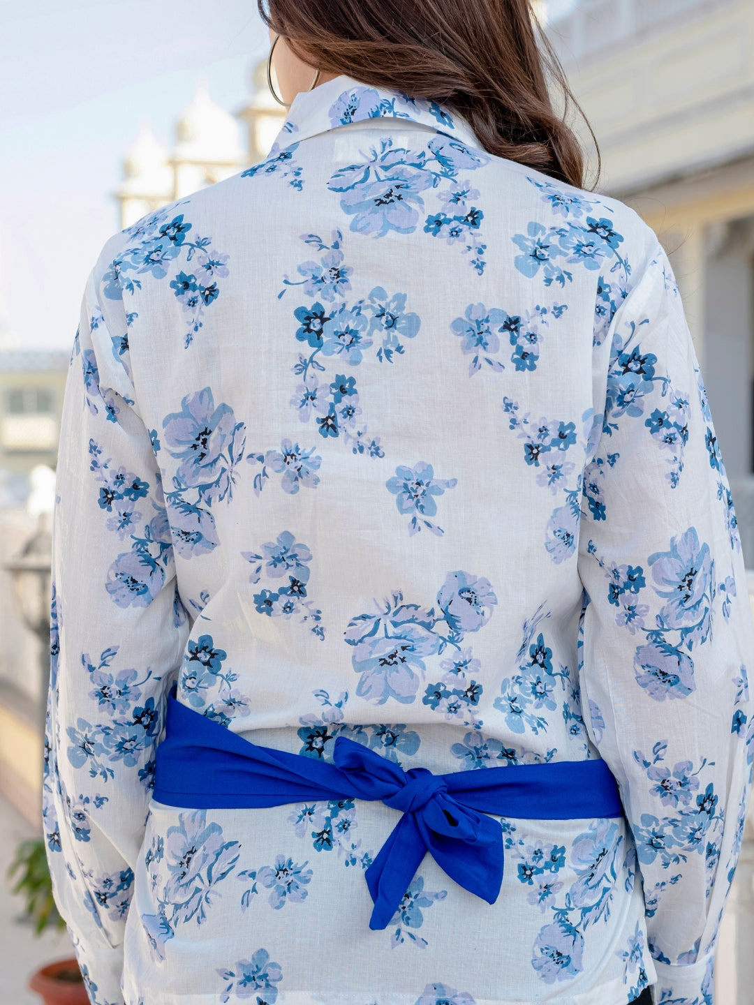 Blue Cotton Floral Shirt With Bow