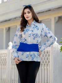 Blue Cotton Floral Shirt With Bow