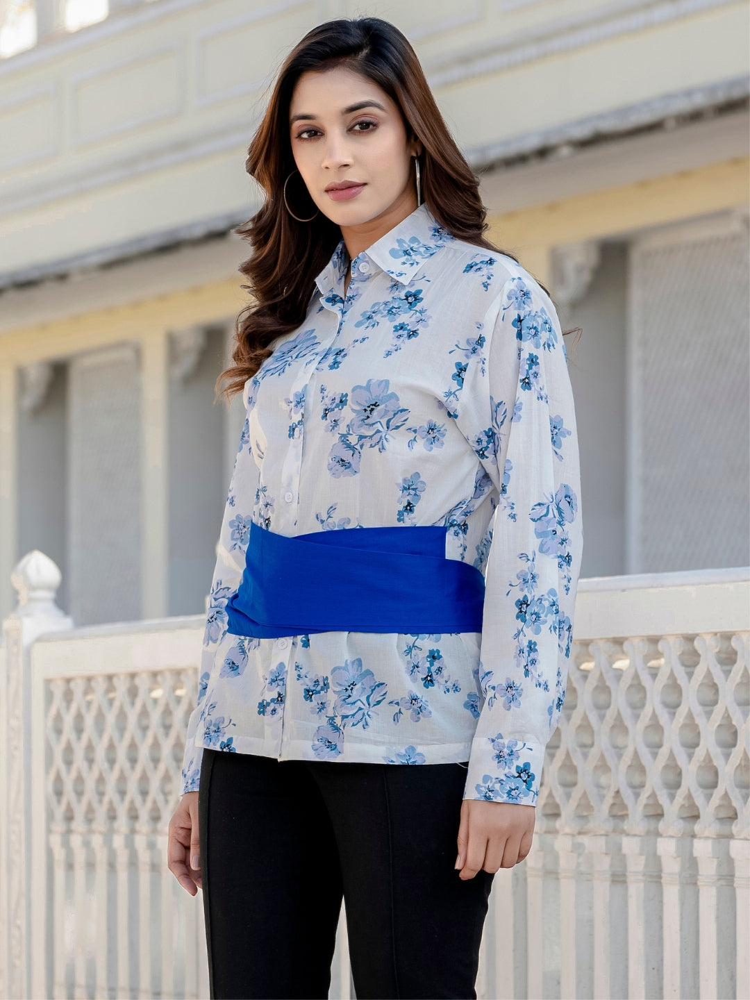 Blue Cotton Floral Shirt With Bow