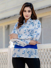 Blue Cotton Floral Shirt With Bow