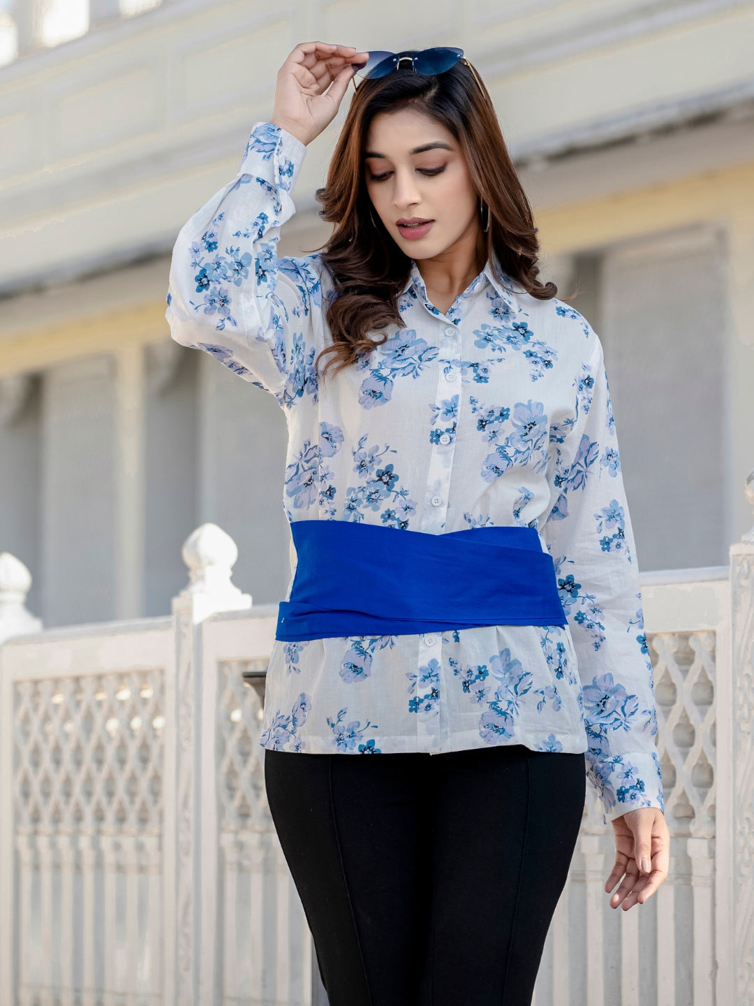 Blue Cotton Floral Shirt With Bow