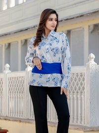 Blue Cotton Floral Shirt With Bow