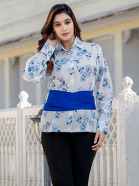 Blue Cotton Floral Shirt With Bow