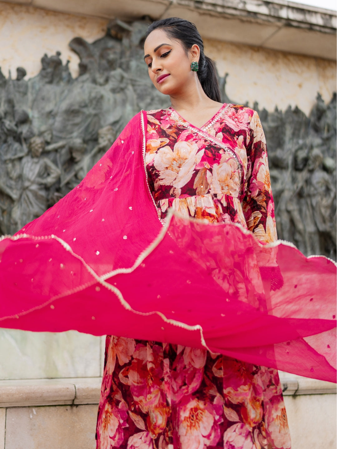 Red 3 Pc Chinnon & Shantoon Suit Set