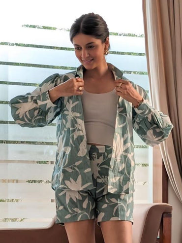 Sea Green Pure Cotton Printed Shorts Set
