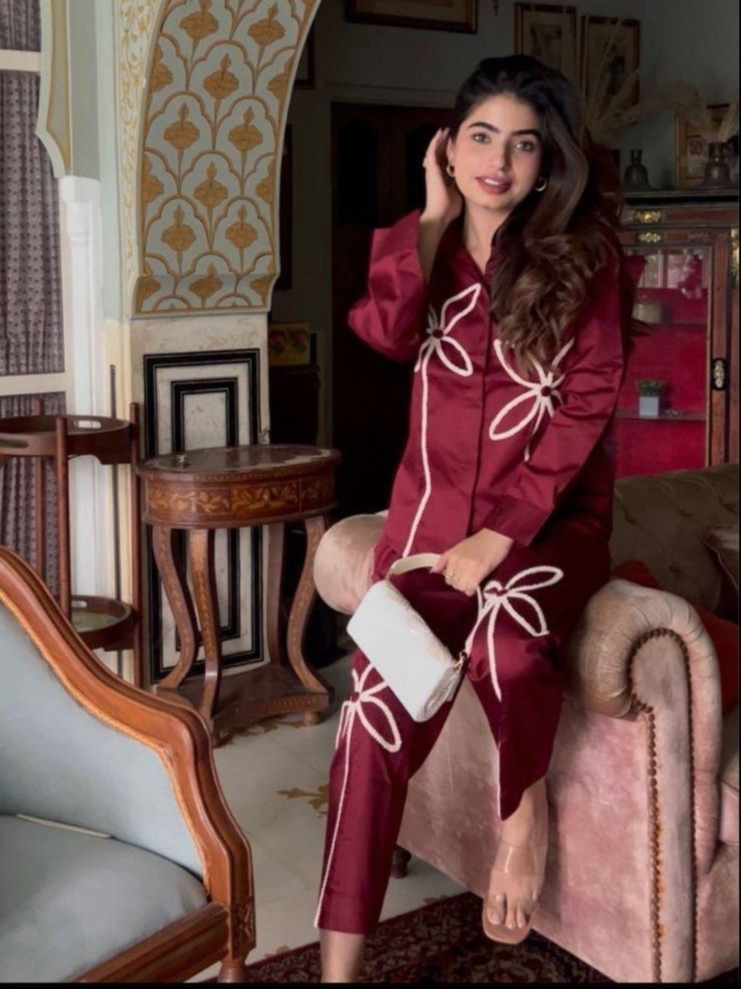 Maroon Italian Cotton Co-ord Set With Lace detaling