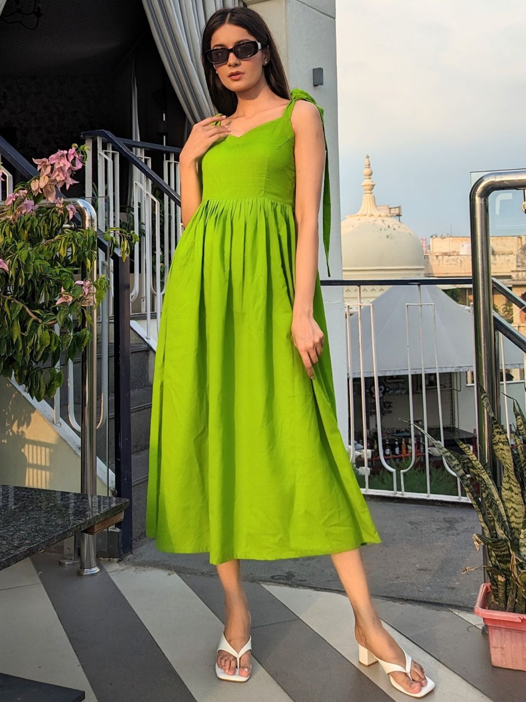 Textured Green Cotton Flex Dress