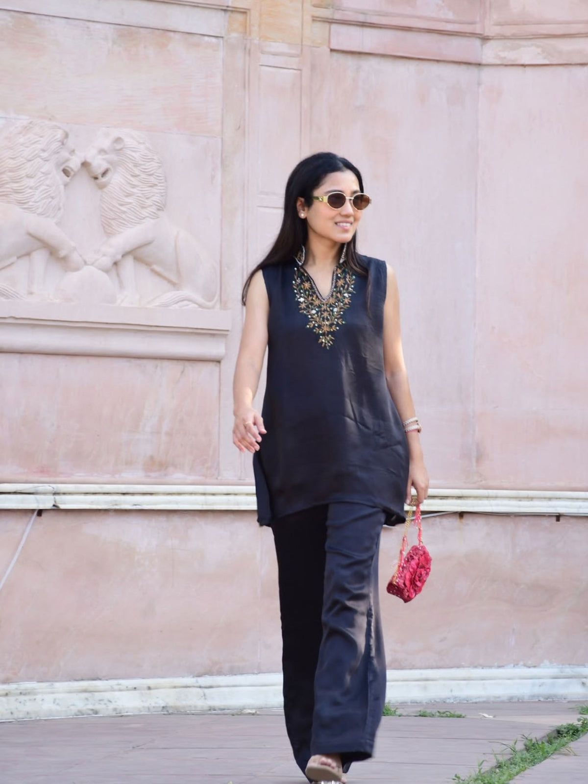 Black Statement V-Neck Cord Set