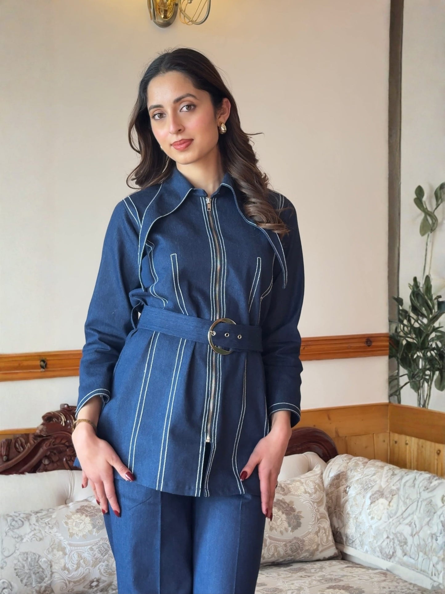 Deep Blue Denim Co-ord Set With Belt