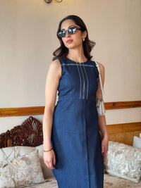 Deep Blue Denim Long Dress With Belt