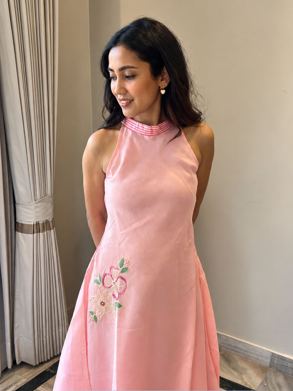 Pastel Pink Halter Neck Floral Details