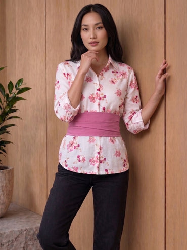 Mauve Pink Cotton Floral Shirt With Bow