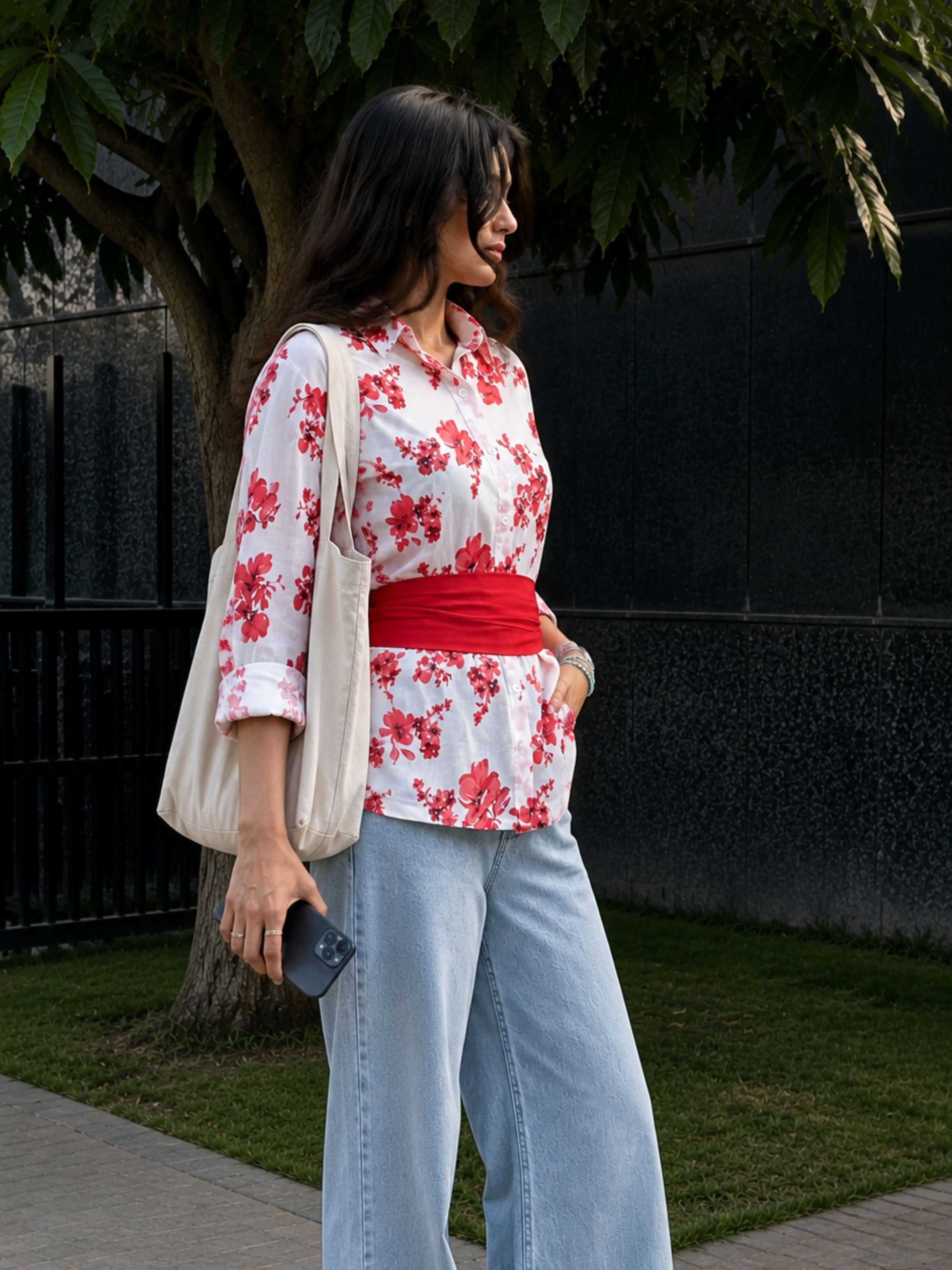 Red Cotton Floral Shirt With Bow