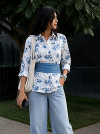 Dark Blue Cotton Floral Shirt With Bow