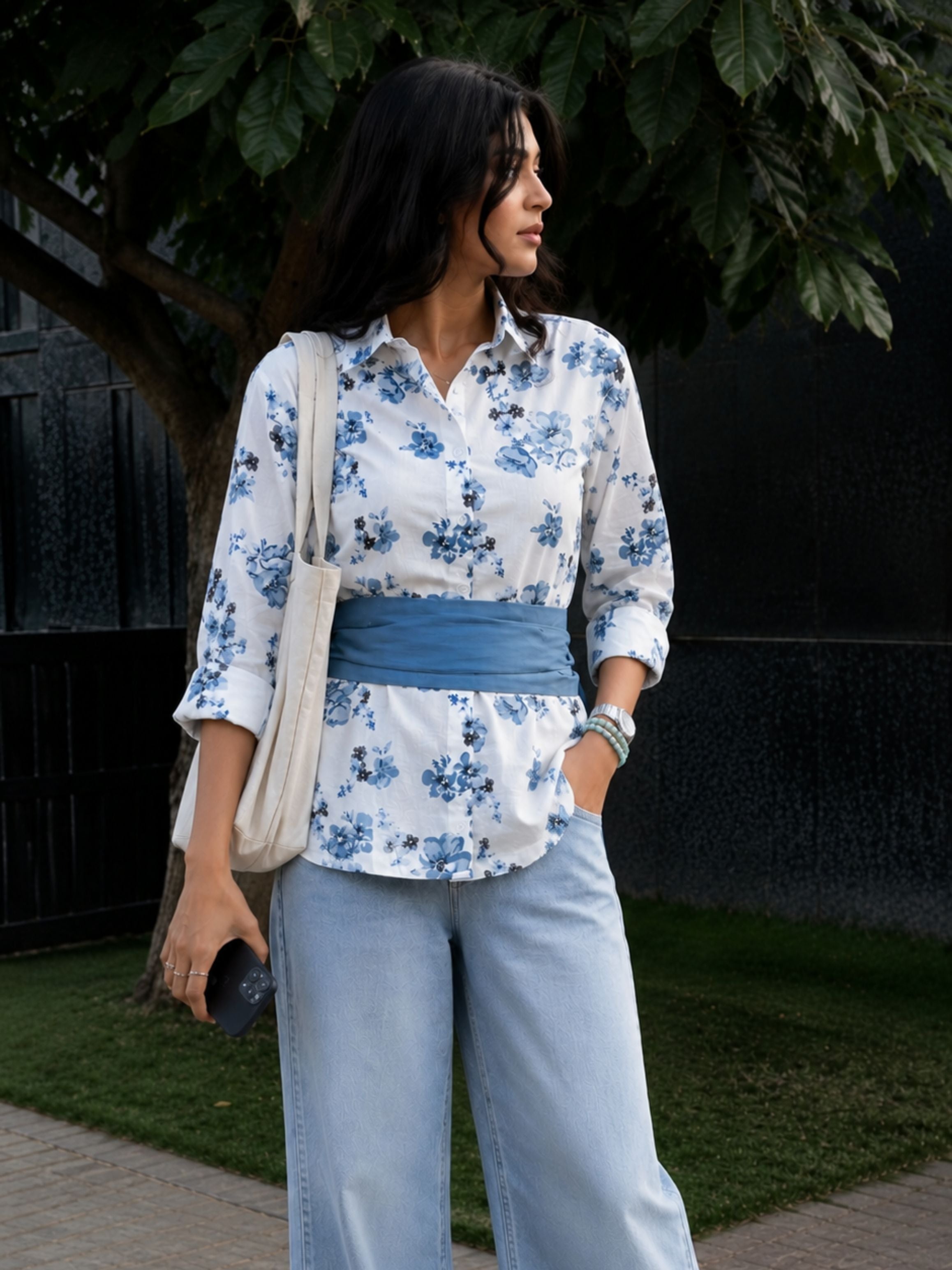 Dark Blue Cotton Floral Shirt With Bow