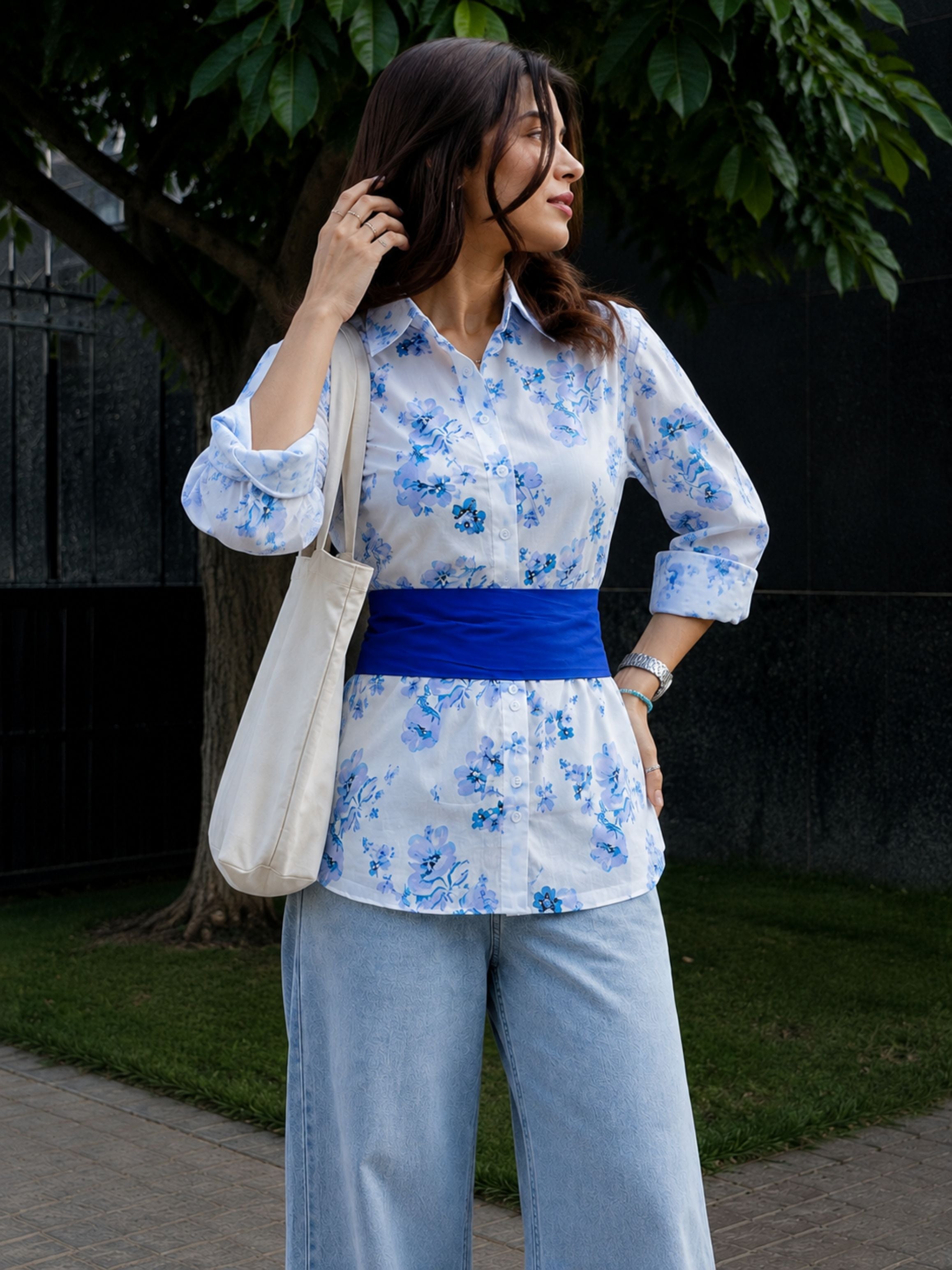 Blue Cotton Floral Shirt With Bow
