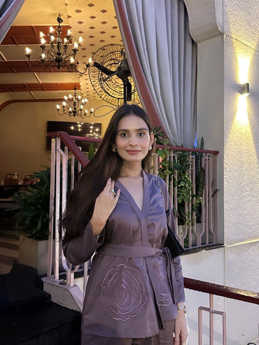 Brown Italian Cotton Blazer Co-ord Set With Embroidery