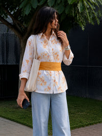 Mustard Cotton Floral Shirt With Bow