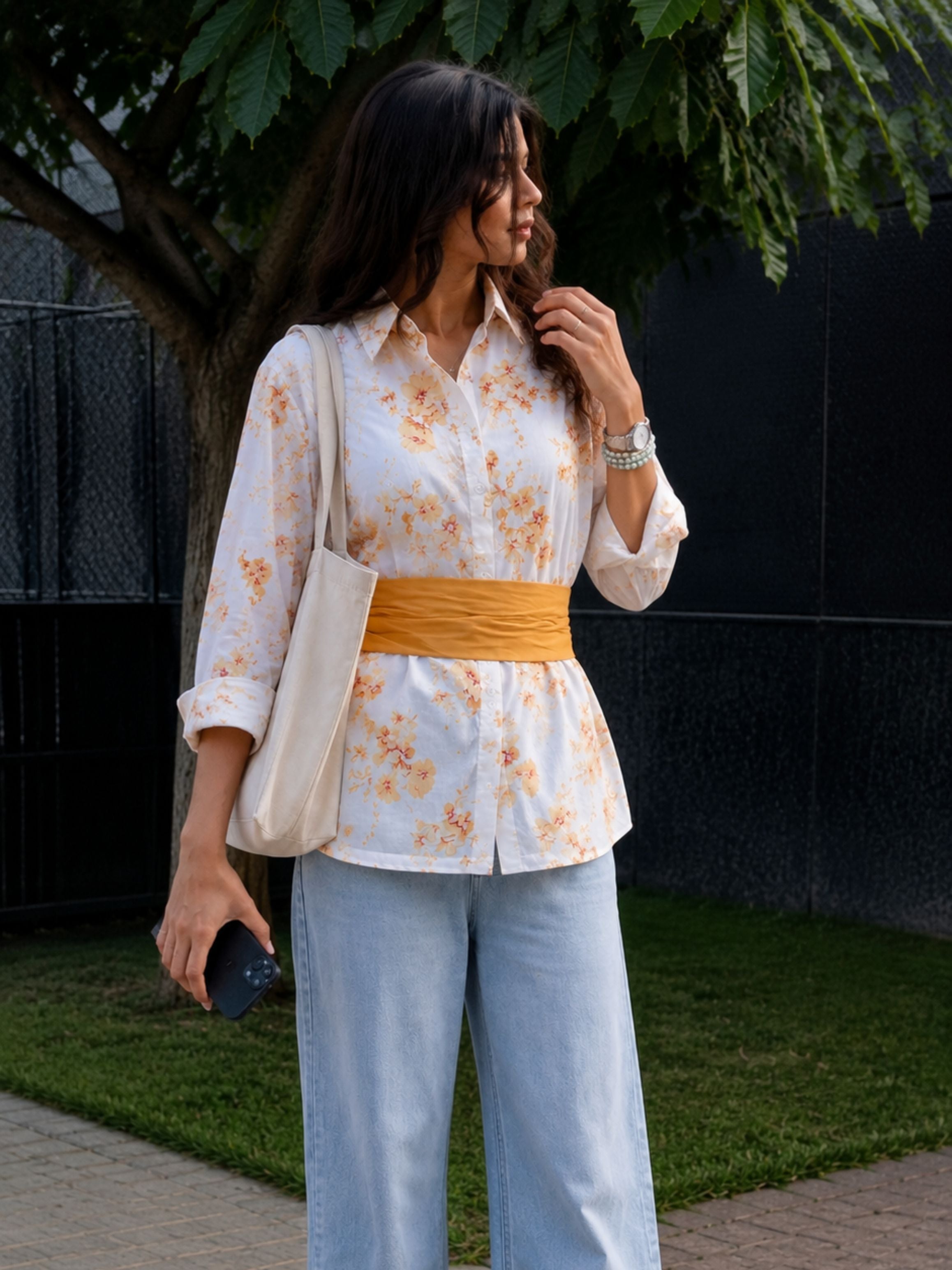 Mustard Cotton Floral Shirt With Bow