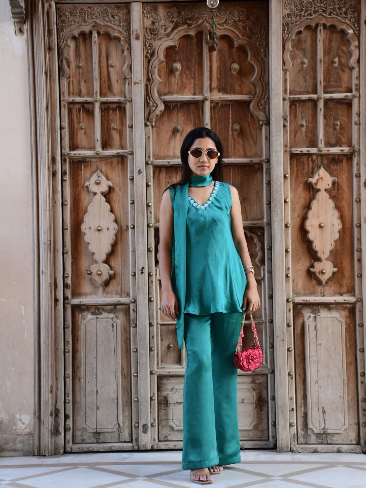 Teal Scarf-Neck Co-ord Set