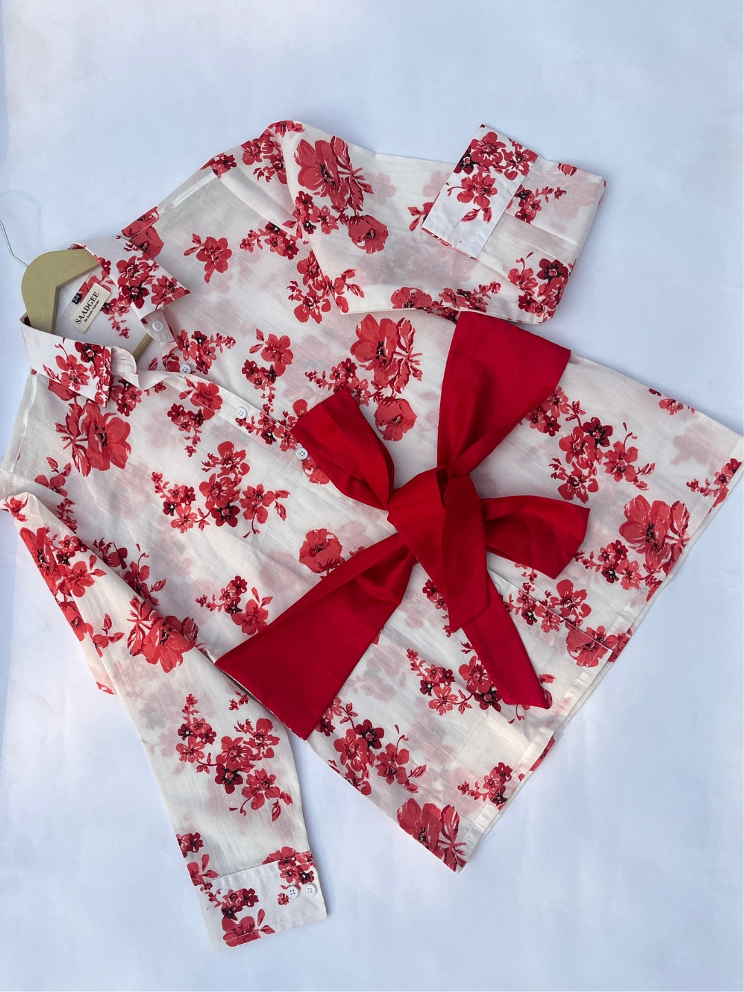 Red Cotton Floral Shirt With Bow