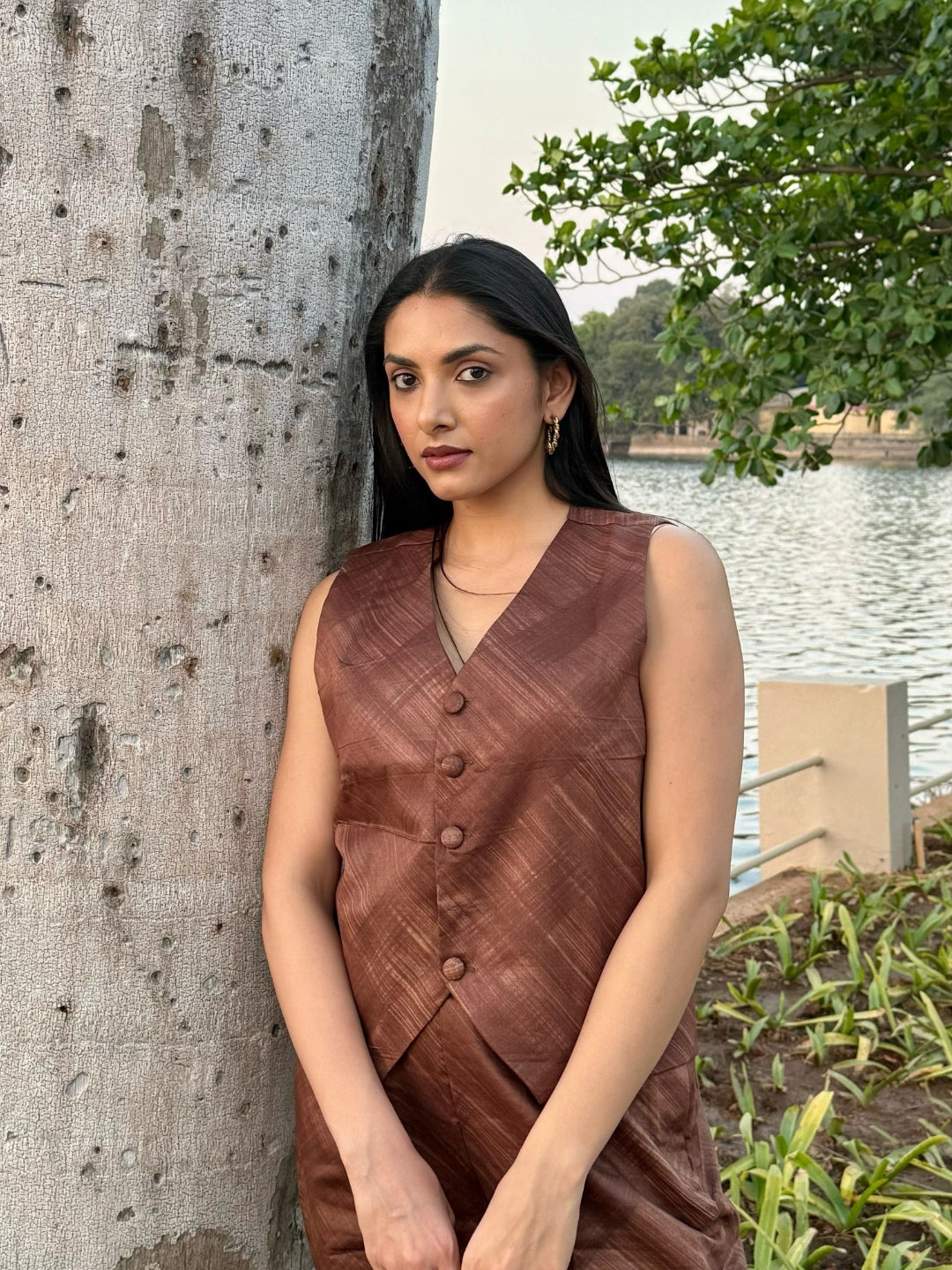Dark Brown Jam Cotton Waistcoat Set